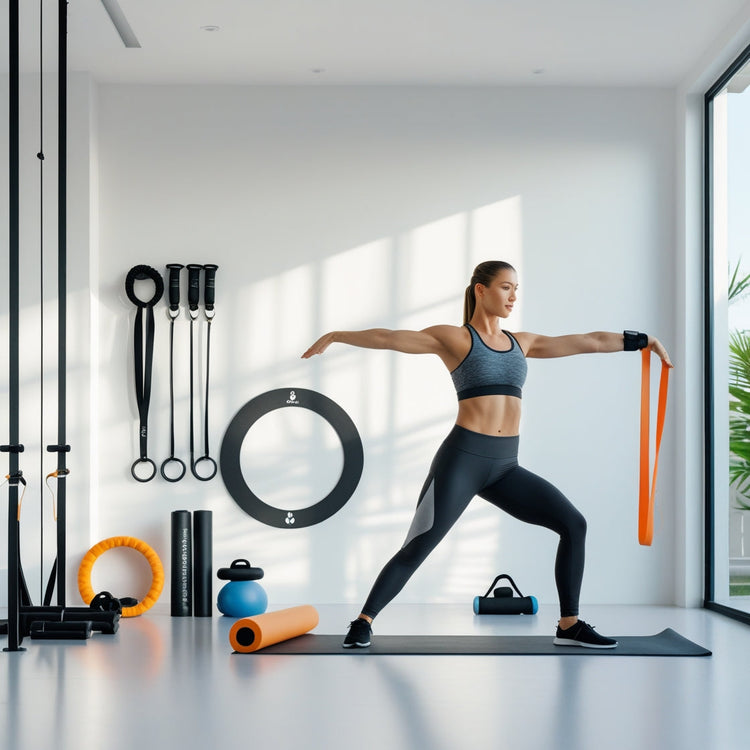 A modern home gym with fitness essentials, including resistance bands, a breathing trainer, a massage gun, a foam roller, and a yoga circle, set against a bright, motivational workout space