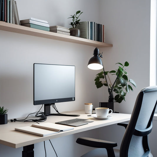 A clean and modern workspace featuring an organized desk setup with a laptop, cable management system, ergonomic chair, and warm lighting—designed for maximum productivity and minimal clutter