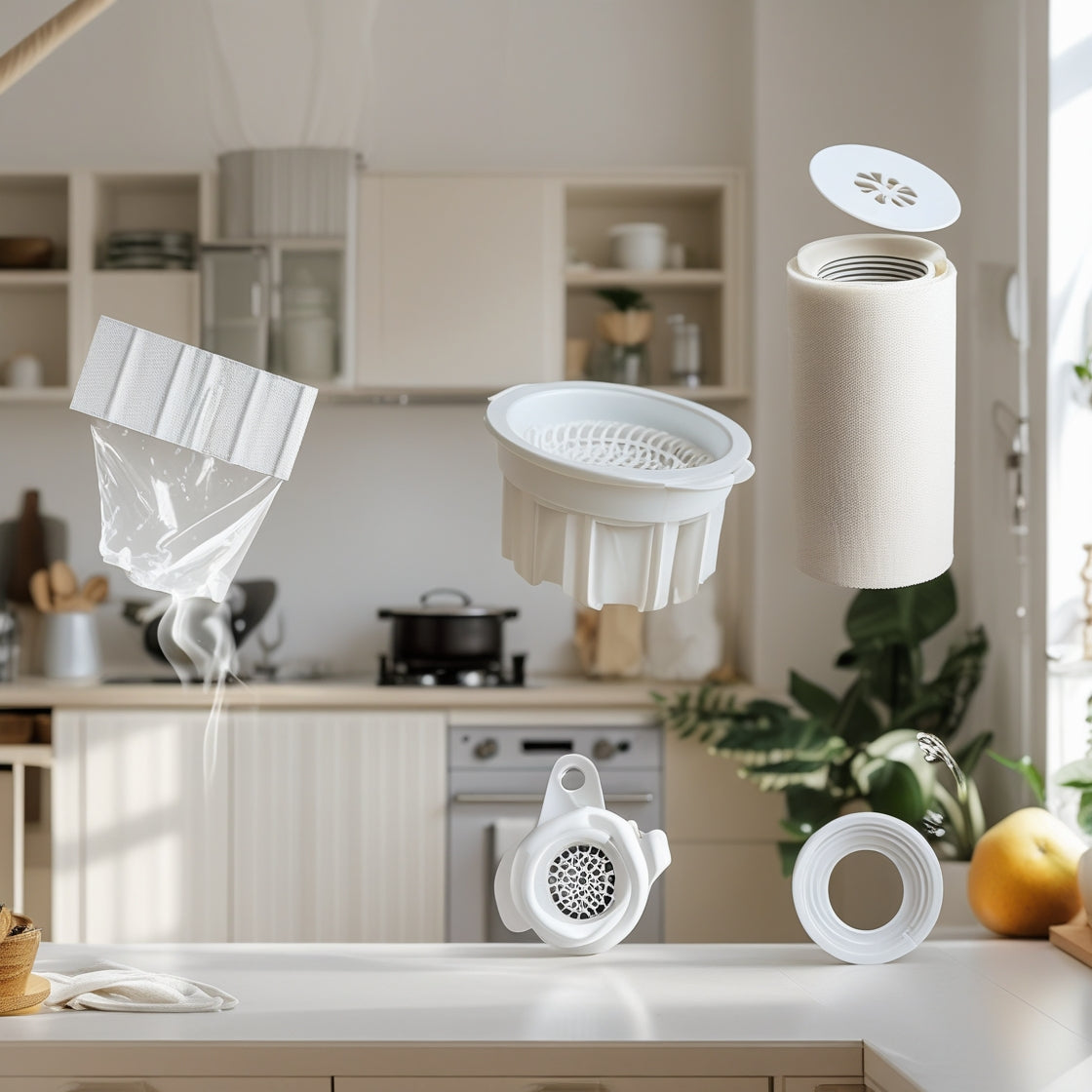 A cozy home interior with practical household solutions, including a stove protector, drain catcher, double-sided adhesive strip, and smoke purifier, enhancing home cleanliness and safety