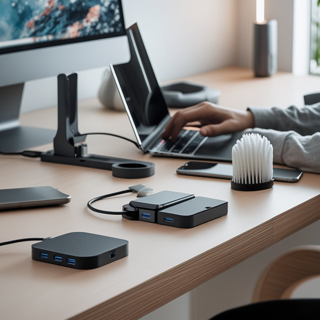 A sleek home office featuring organized tech accessories like a USB-C hub, mobile phone holder, laptop case, and compressed air duster on a clean wooden desk, promoting digital efficiency