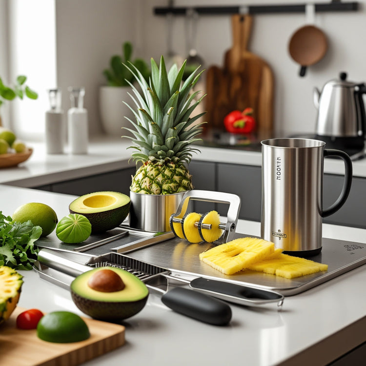 A stylish kitchen showcasing premium cooking tools, including an avocado slicer, pineapple peeler, vegetable chopper, and a self-stirring mug, surrounded by fresh produce and a coffee kettle