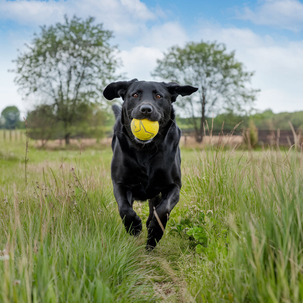 Happy black Labrador running through a grassy field with a yellow tennis ball, representing the Pawfect Bundle for pet care and playtime essentials