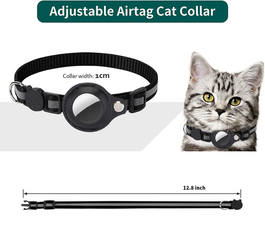 A stylish, reflective dog collar with an integrated AirTag case and a bell for added safety and tracking.